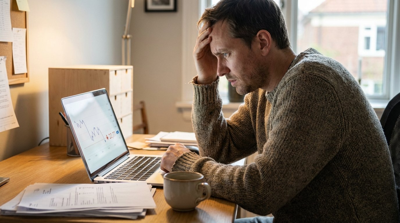 Millennial worker in 30s stressed reviewing Social Security retirement savings deficit on laptop