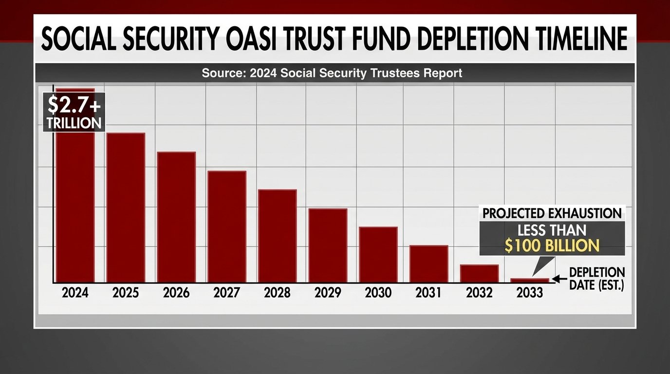Social Security trust fund depletion timeline infographic showing OASI reserve exhaustion by 2033