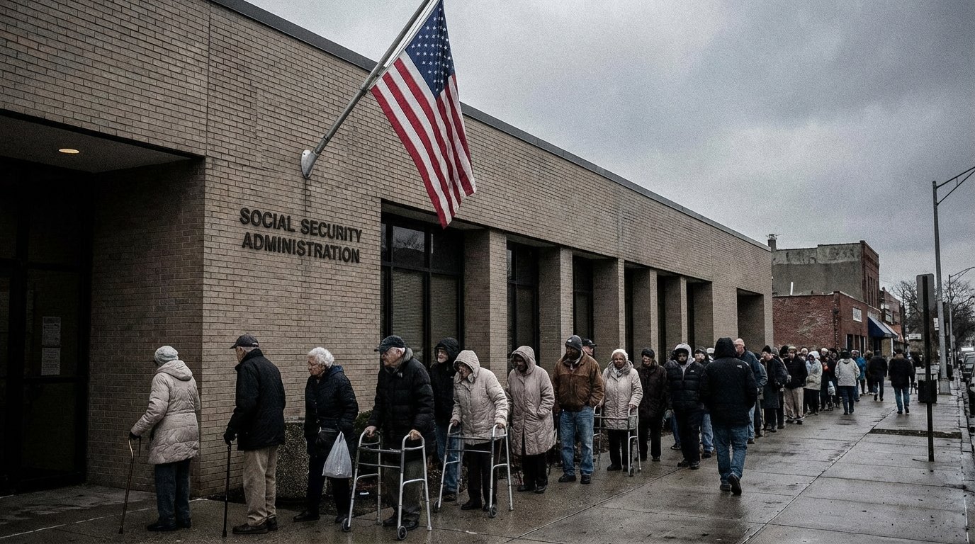 Social Security Administration office with long line of seniors waiting outside for benefit cuts information