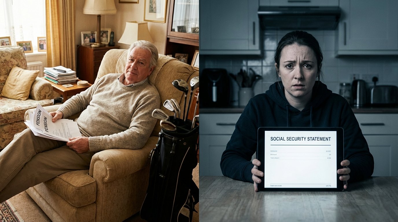 Split image Baby Boomer comfortable retirement vs Millennial worried about Social Security benefit cuts by birth year