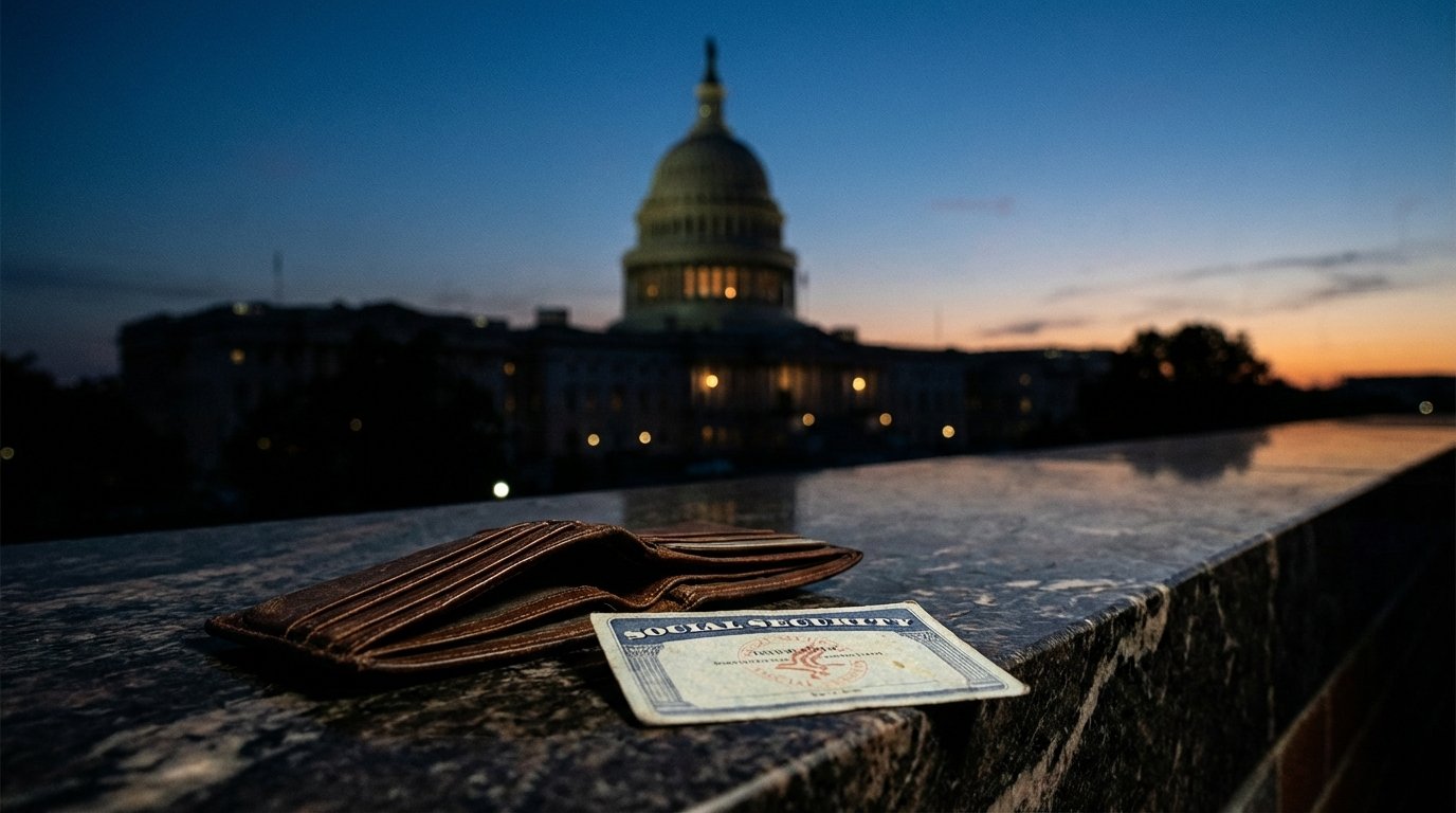 Capitol Hill building at dusk with Social Security card and empty wallet in foreground symbolic of benefit cuts