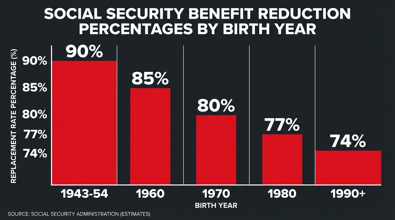 Social Security benefit reduction by birth year chart showing replacement rate decline from 90% to 74%