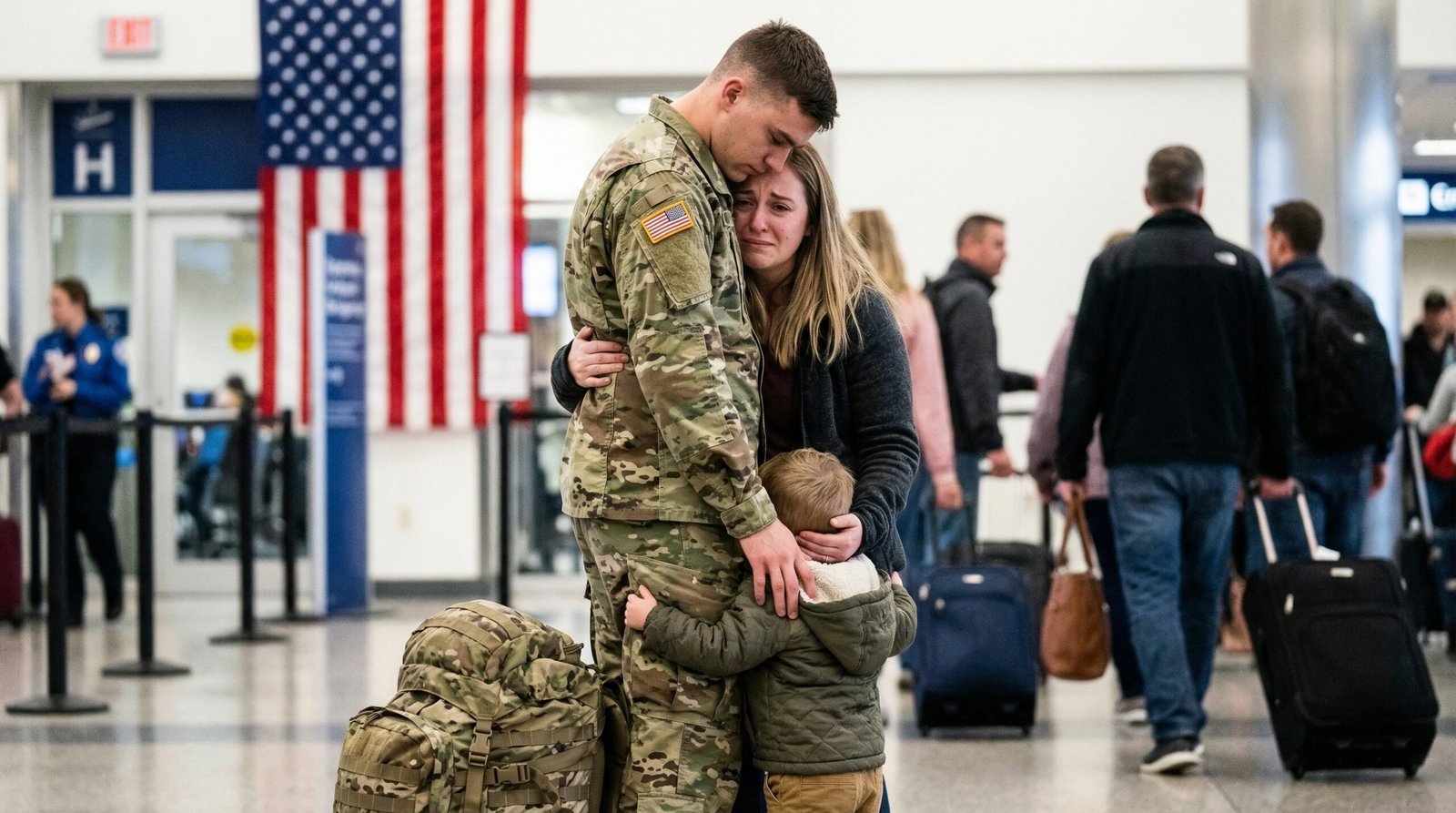 Young soldier in camouflage saying goodbye to wife and child before Iran war deployment while VA cuts 2026 reduce care access
