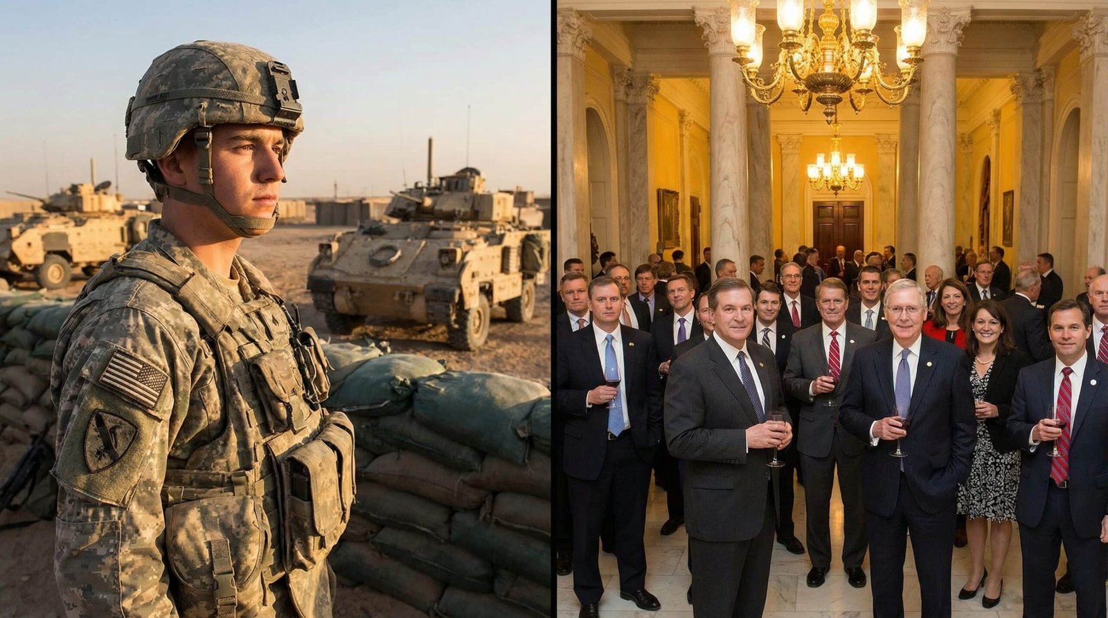 Split scene soldier at base versus politician in Capitol illustrating military class divide in America