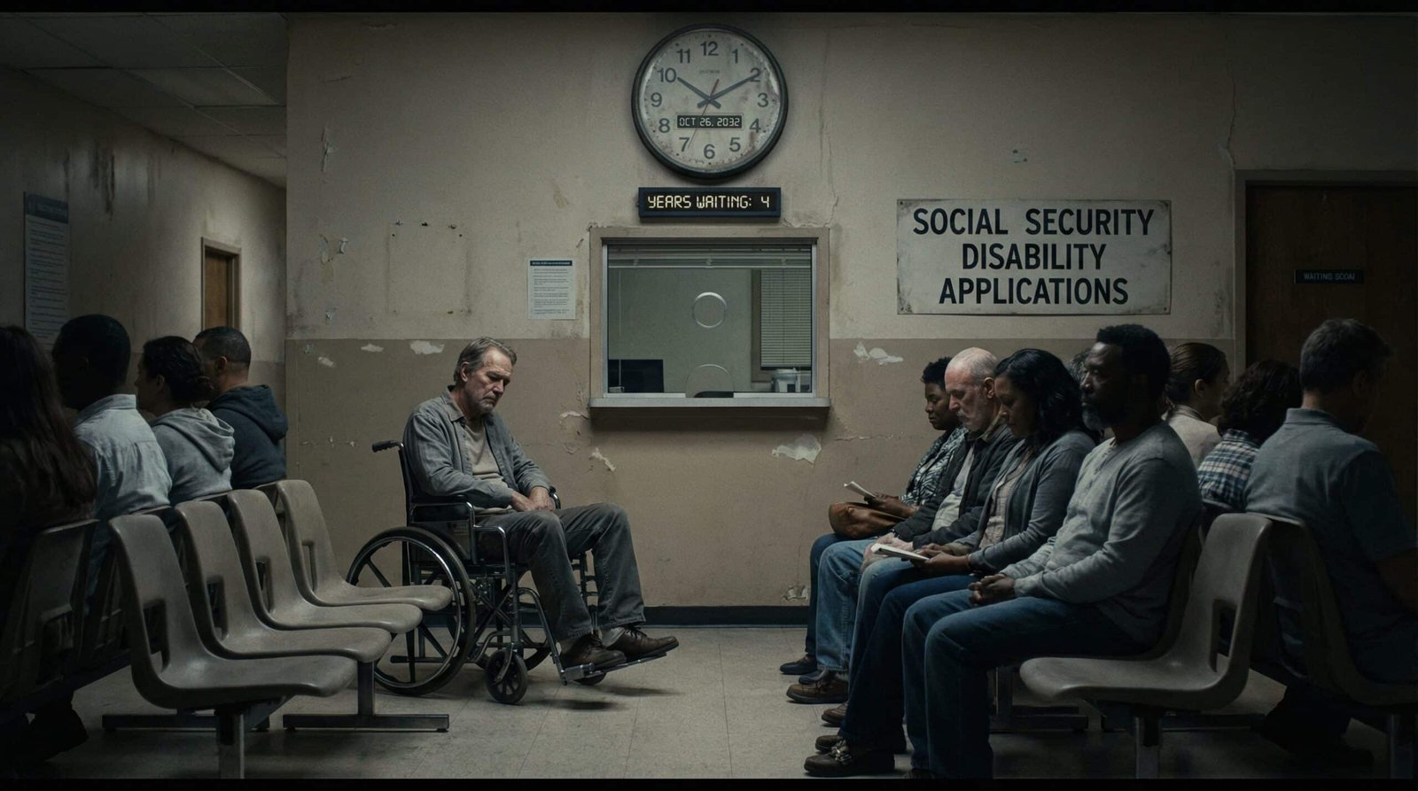 Disabled American waiting alone in Social Security disability backlog waiting room for years
