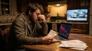 Millennial man at kitchen table with crashing stock chart bills and Iran war on TV
