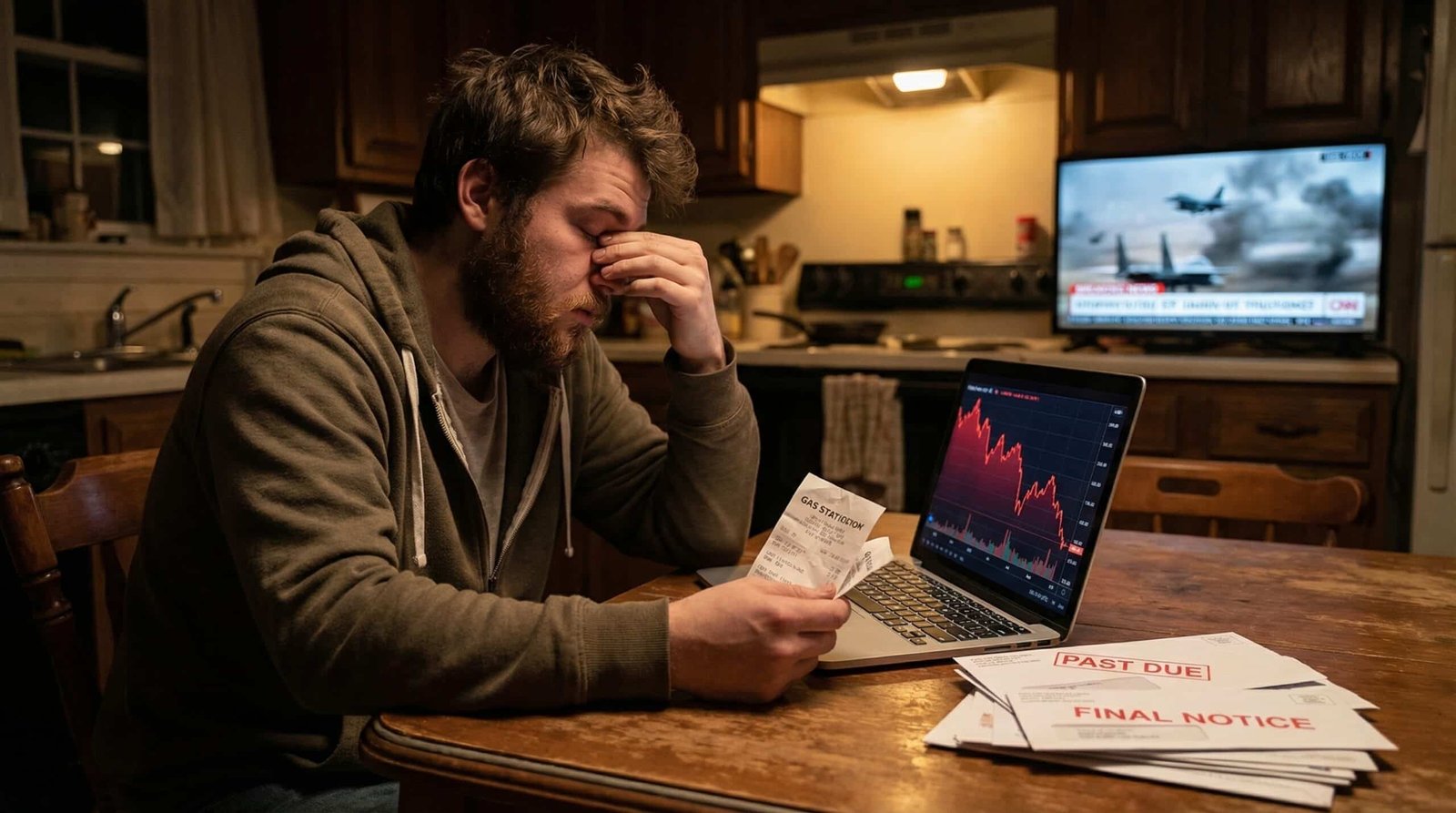 Millennial man at kitchen table with crashing stock chart bills and Iran war on TV