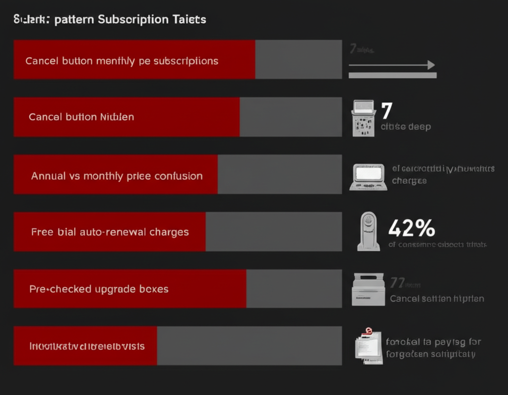 dark pattern subscription tactics infographic cancel button 7 clicks auto-renewal charges 42 percent forgotten subscriptions