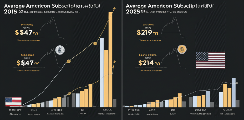 2015 vs 2025 subscription comparison infographic 3 services $47/month to 14 services $219/month generational wealth drain