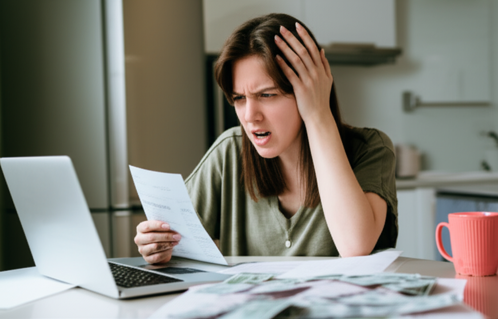 young woman looking at bank statement showing forgotten subscription charges hundreds of dollars billing anxiety millennials