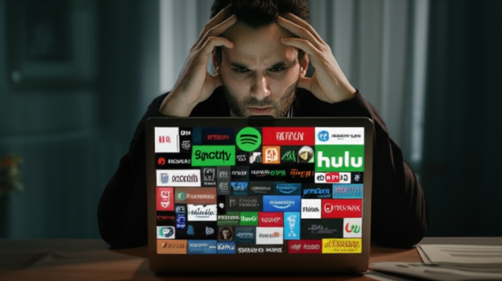 frustrated millennial staring at laptop subscription app logos Netflix Spotify Adobe overload billing trap