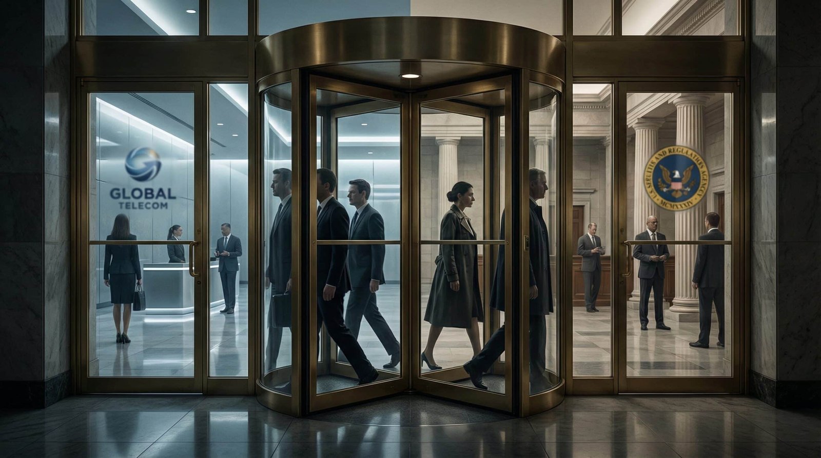 Revolving door between telecom lobby and FCC government regulators symbolic of regulatory capture