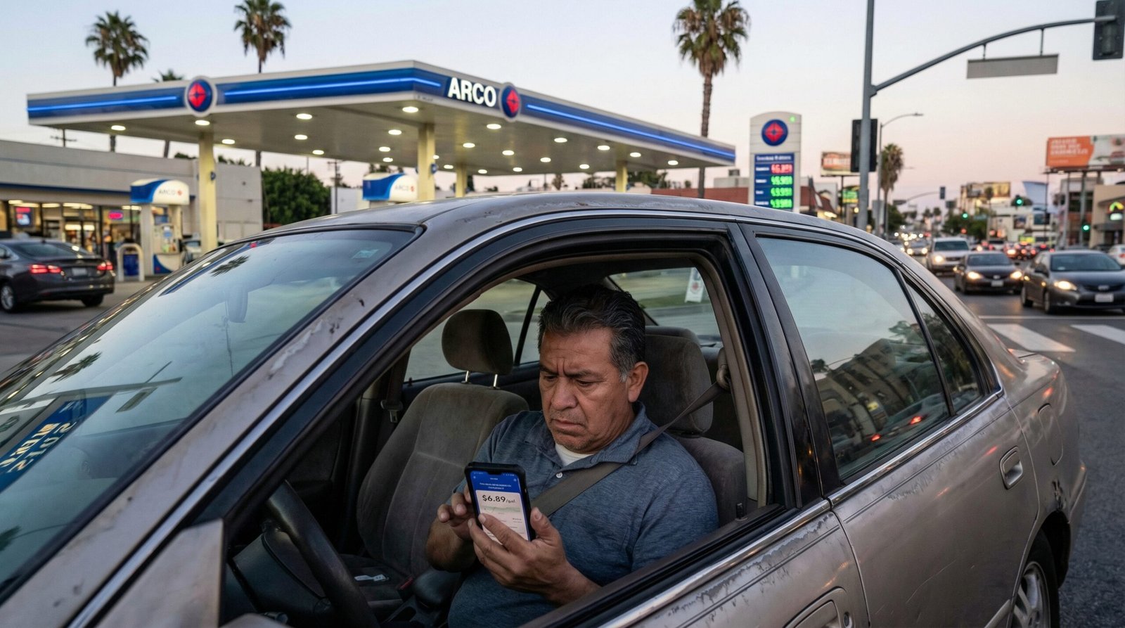 Uber gig worker stressed at LA gas station calculating fuel costs during Iran war price spike