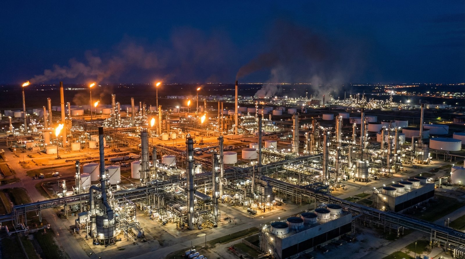 American oil refinery heavy crude processing industrial scale night energy independence
