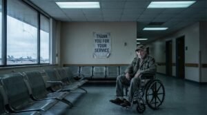 Exhausted US veteran in VA hospital waiting room as Iran war rages