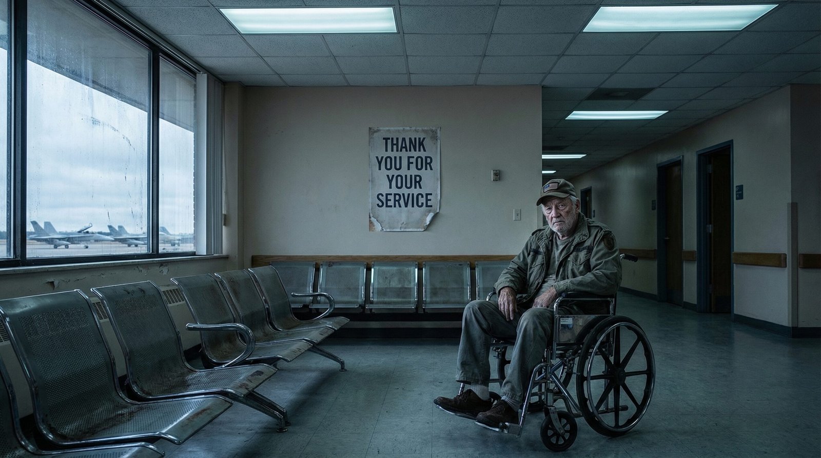 Exhausted US veteran in wheelchair at VA hospital waiting room as the Iran war continues with fighter jets outside