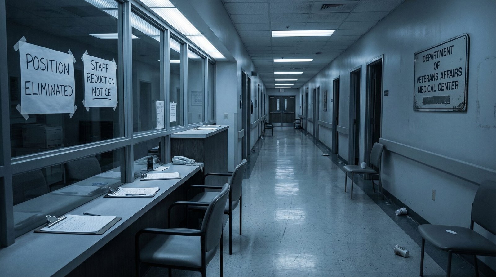 Empty VA hospital hallway with Position Eliminated notices showing understaffing from VA cuts 2026