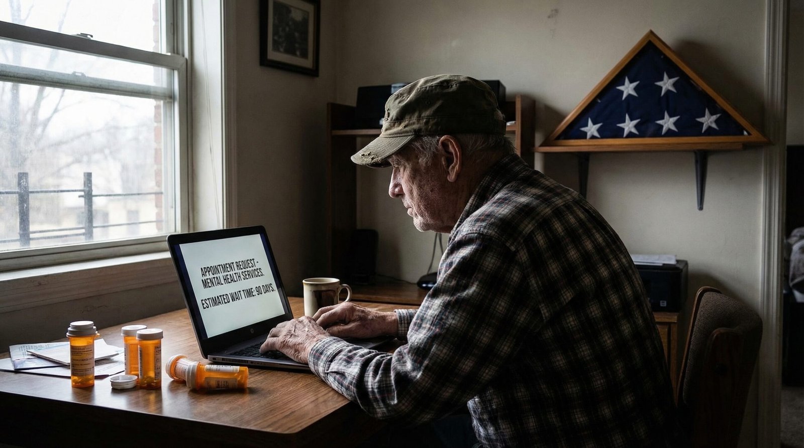 Veteran staring at 90-day VA mental health appointment wait time on laptop screen in sparse apartment with prescription bottles