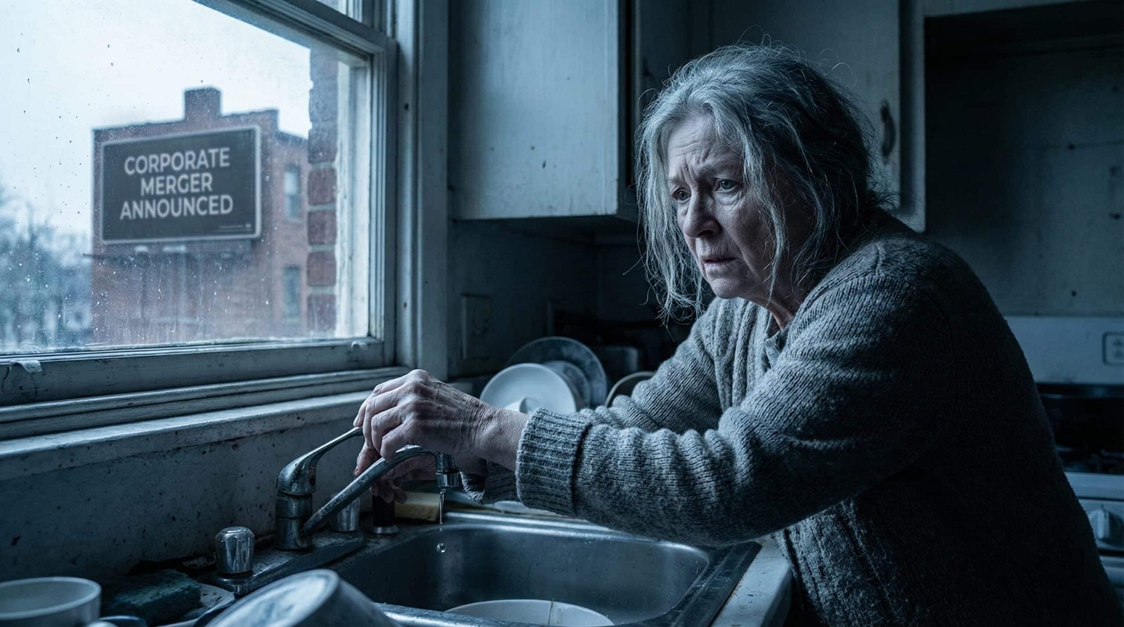 Elderly woman at dripping tap worried about high private water bills affordability crisis
