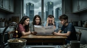 American family shocked by high water bill with corporate skyscrapers in background