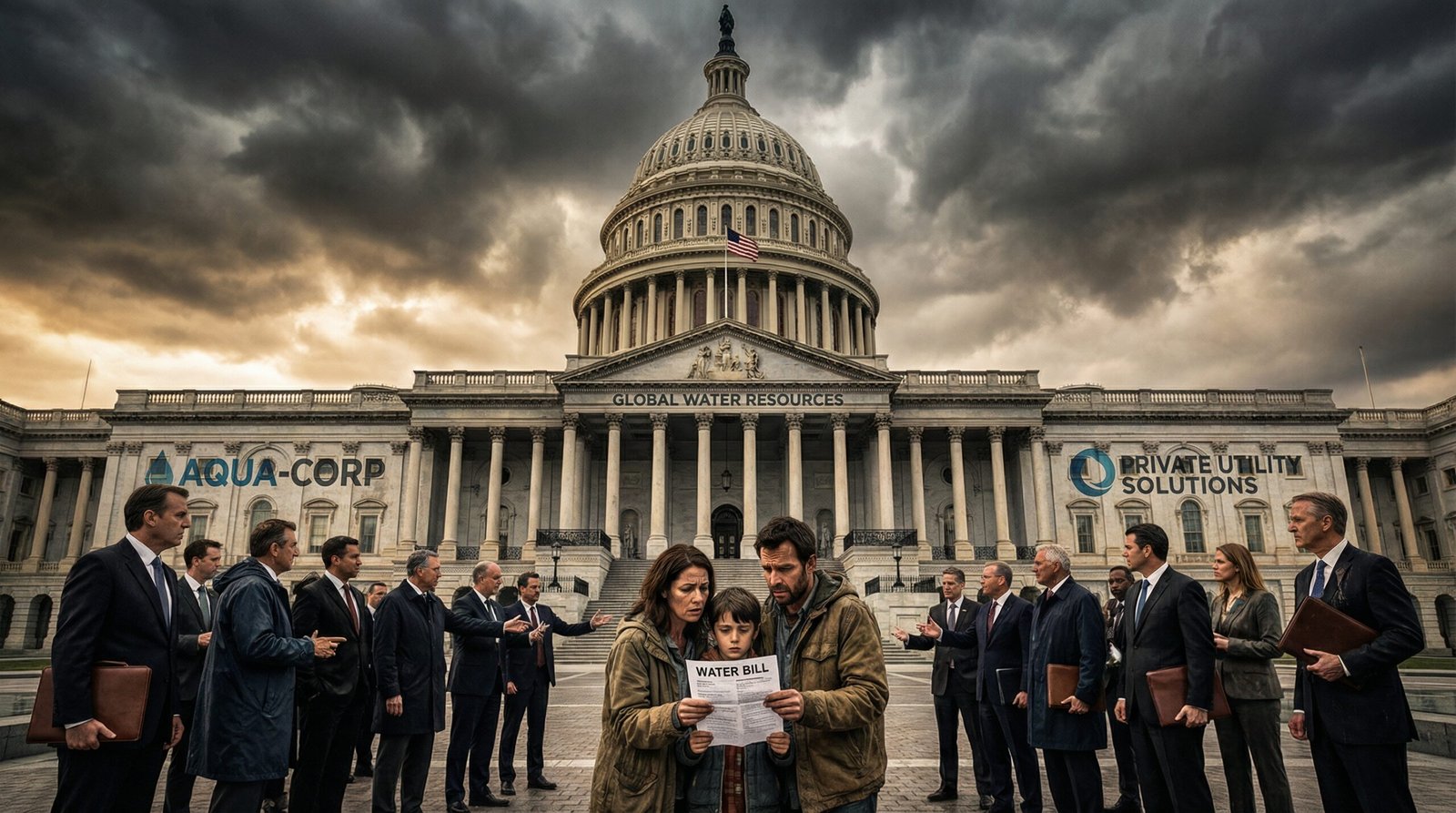State capitol with corporate logos symbolizing water privatization regulatory capture and lobbying