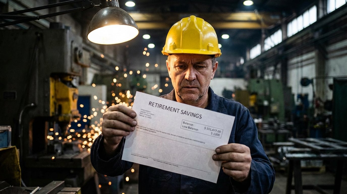 factory worker reviewing retirement account statement showing insufficient pension savings