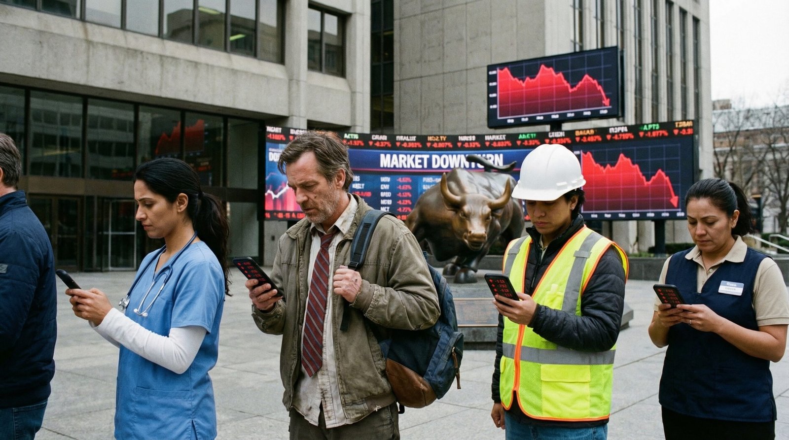 Working-class Americans watching 401k retirement savings crash on phones during Iran war market decline 2026