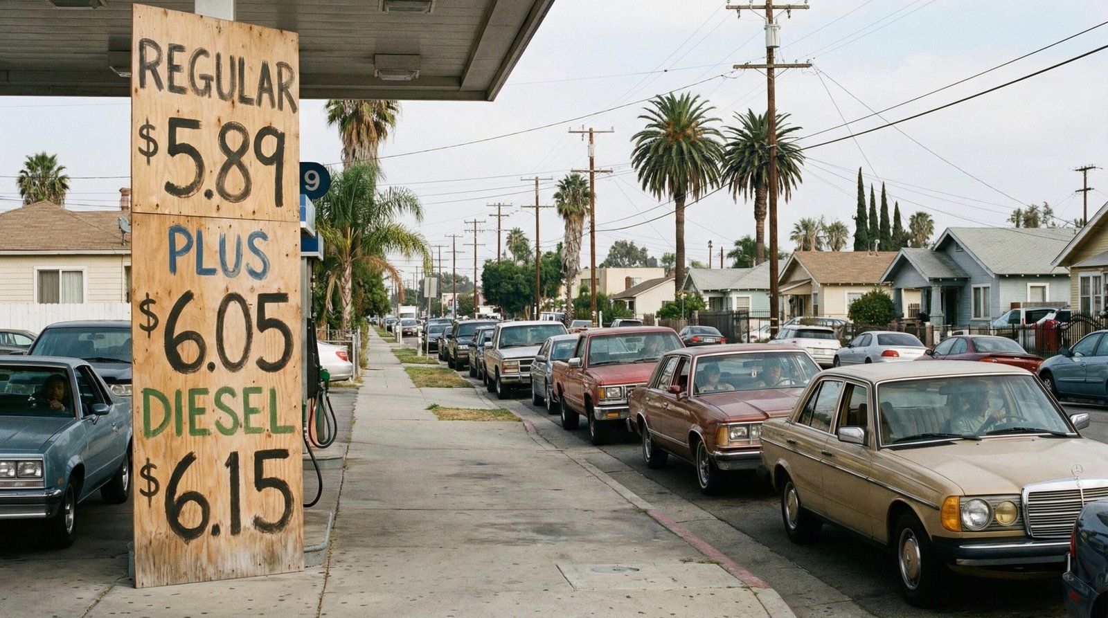 Working class LA gas station showing $5 per gallon prices and long line of cars 2026